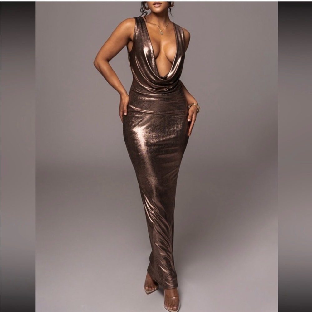 NWT JLux Label Rose Gold Highlights Cowl Neck Maxi Dress - M